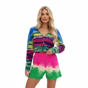 The Elder Statesman Cashmere Set Frank Cardigan and Dip Dye Chunky Cable Shorts